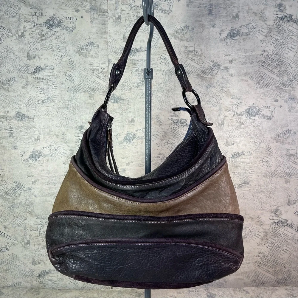 Innue leather purple and tan rustic hobo shoulder bag made in Italy